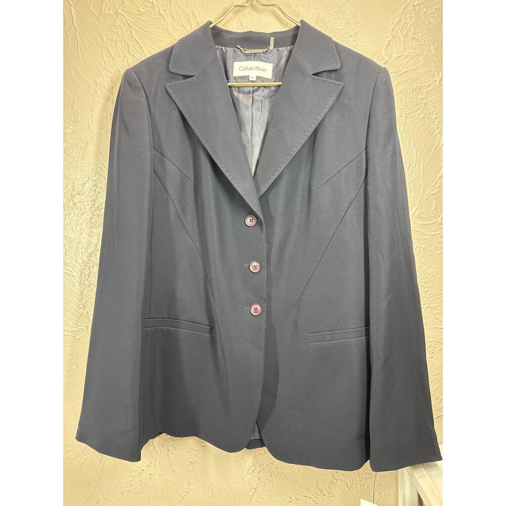 Calvin Klein Womens Navy Three Button Blazer Preppy Corporate Office Size 14 NWT